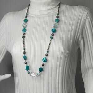 silver tone beaded necklace faux dyed mother of pearl MOP blue turquoise teal